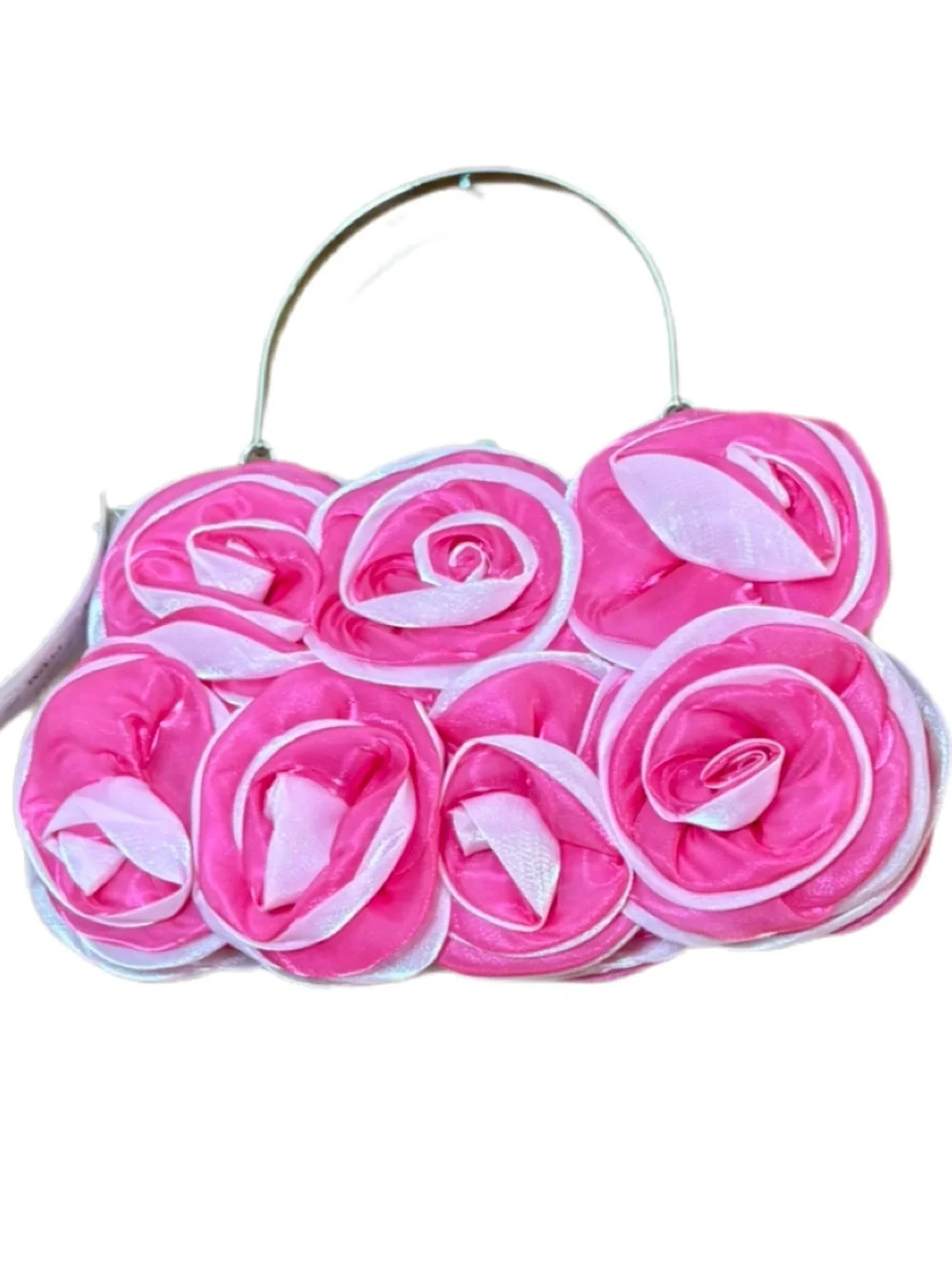 Helen Heart Pink Rosette Formal Evening Bag NWT Silver Handle Chain Strap - Picture 7 of 8